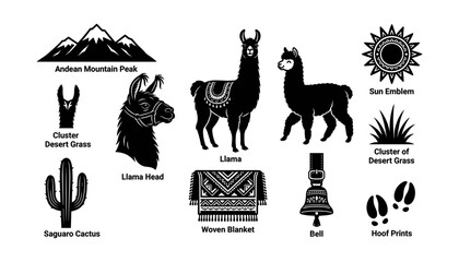 Llama Set with Andean Mountain Peak Cactus Bell and Woven Blanket Icons Featuring Sun, Grass, Hoof with Emblem and Desert © Mstmasuma