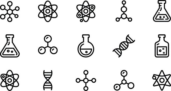 Chemistry science and biotechnology laboratory line icon set vector illustration featuring atoms molecules dna strands erlenmeyer flasks biochemistry experiment research education elements
