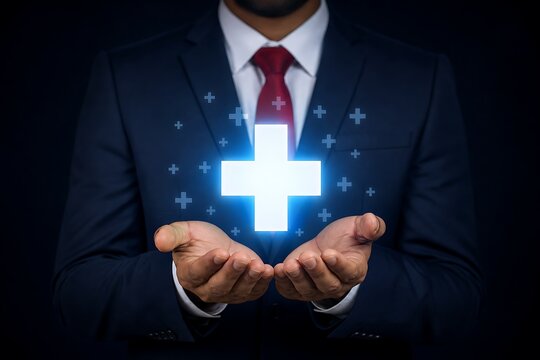 Businessman holding glowing medical cross symbol with particle effects