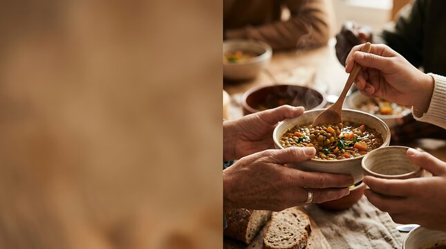 People sharing warm lentil soup at a communal table