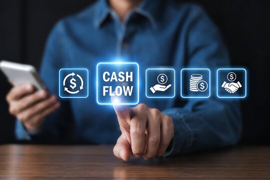 Businessman using smartphone with cash flow financial icons hologram interface