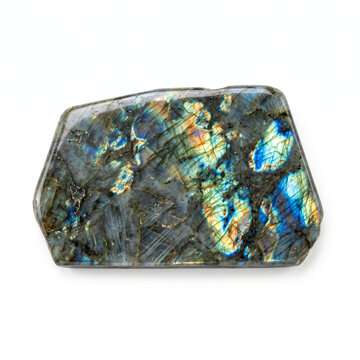 Labradorite slab showcasing vibrant iridescent colors isolated on white  