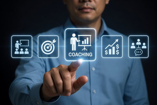 Business coach interacting with digital coaching icons on virtual interface