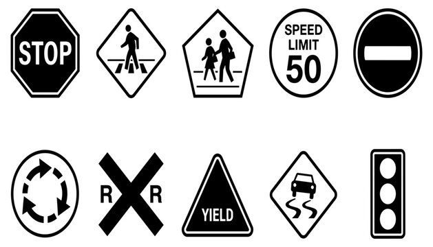 Traffic Signs Collection with Stop Sign, Yield Sign, Speed Limit, and Directional Symbols Featuring Road, Arrows, Circular