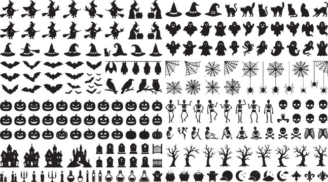 Halloween icon set with black silhouettes on white background