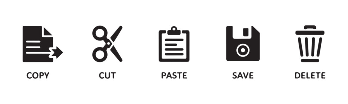 Computer software file action icons for copy cut paste save delete operations in digital workspace ui.