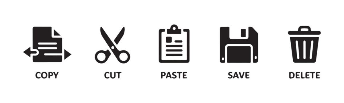 Professional data management icons for copy cut paste save delete file operations on digital systems.