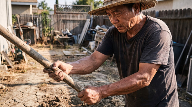 Mature Asian Man Tilling Backyard Soil for Planting

