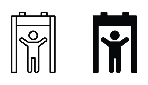 Security checkpoint scanner icon set representing airport metal detector gates with human silhouette in both outlined and solid black graphic styles for professional security signage