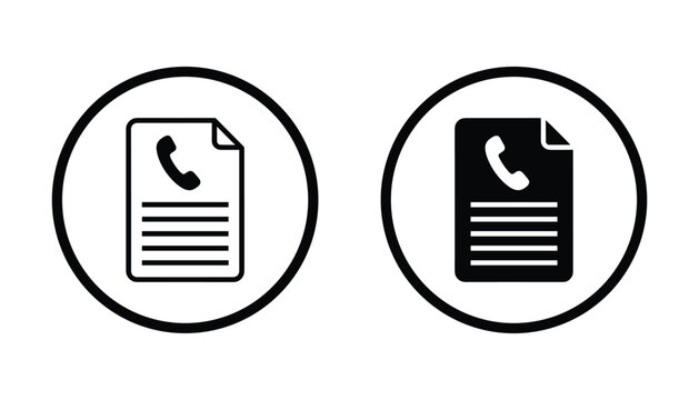Contact document icon set showing phone receiver on paper sheet in outline and solid black vector styles for business communication and customer support service contact information
