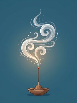 Burning incense stick with stylized swirling smoke on blue background