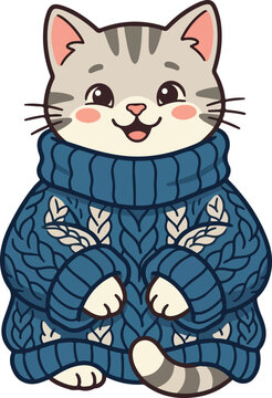 Cute gray kitten wearing a cozy knitted sweater. Adorable striped cat dressed in winter clothing for cold weather. Playful pet illustration for hol...
