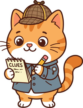 Cute cartoon cat detective holding a notepad and pencil. Orange tabby kitten in detective outfit writing clues. Playful animal investigator charact...