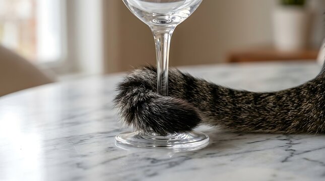 Striped cat tail wrapped around a wine glass stem on marble table