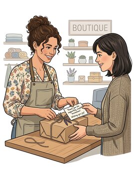 Happy shop owner handing customer a gift package in a boutique store