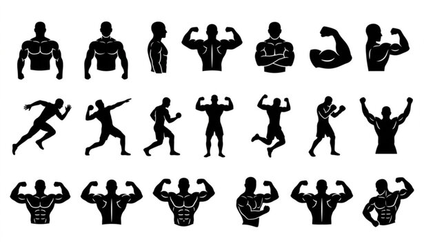 Biceps Muscle and Muscular Bodybuilding Pose Silhouette Flat Vector Icon Pack on White
