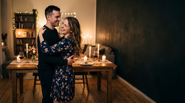 Young happy couple dancing together in a romantic candlelit setting