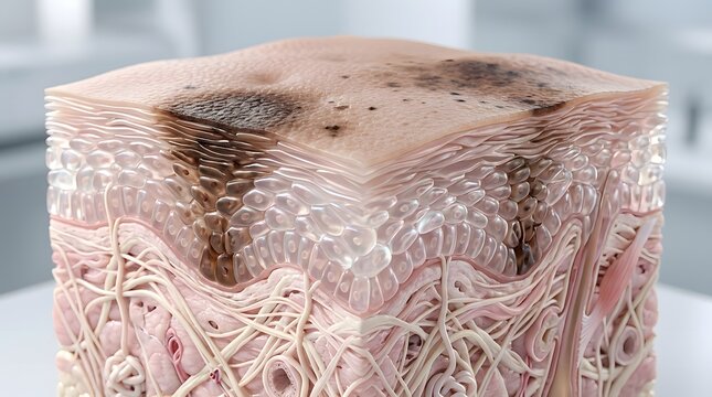 Microscopic human skin cross section visualization showing hyperpigmentation with dark spots and tissue layers