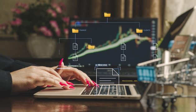 AI document management and digital archiving concept. Businesswoman using laptop with virtual folder structure and cloud storage indexing interface.