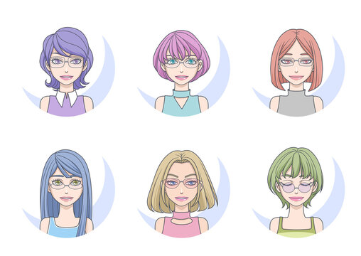 Set of six female avatars with glasses, various hairstyles and colorful hair, flat vector illustration