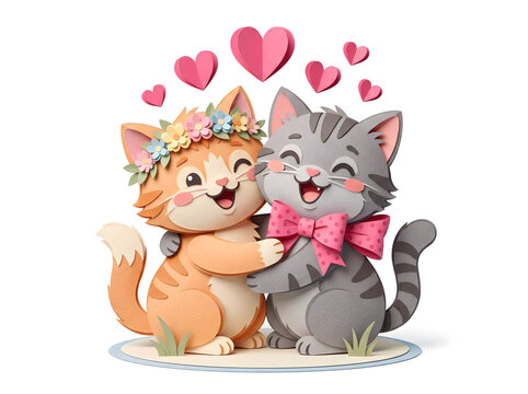 Paper craft illustration of two hugging cats with hearts