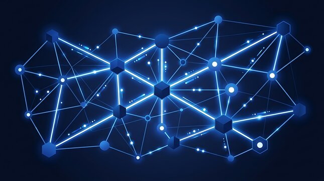 Abstract blue blockchain network with glowing digital data nodes