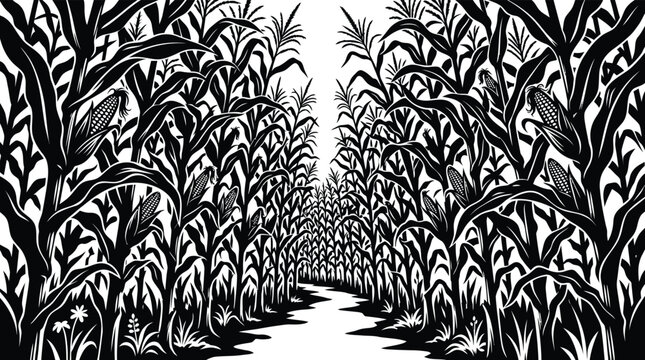 Vintage woodcut corn field landscape vector, black and white cornstalks with ears of corn, rustic farm agriculture illustration for organic food branding