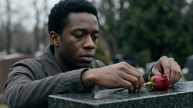 Sad young man placing a red rose on a gravestone in a cemetery