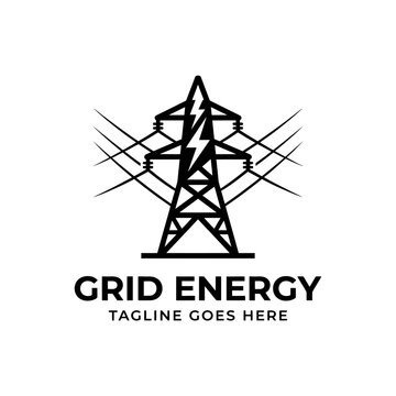 High-voltage transmission tower with lightning bolt symbol for grid energy power infrastructure electricity utility logo design
