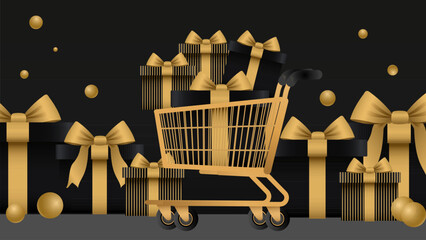 christmas Shopping cart with gift box and bow gold decoration on transparency background festive retail concept © Sudarat