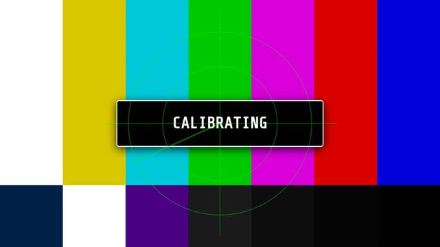 Calibrating text overlaying a colorful television test pattern with a rotating green circular radar scanner in this digital motion video