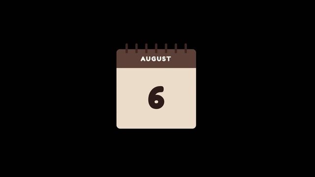 Minimalist calendar design displaying changing dates throughout august month featuring a smooth digital animation style for modern motion video clip