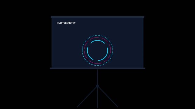 Hud telemetry circular interface animation displaying neon blue and pink rings on a dark screen within this digital video clip