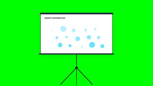 Density distribution chart displayed on a professional portable presentation screen featuring animated blue circles for scientific data motion video clip