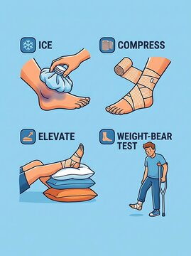 First aid steps for treating a sprained ankle and recovery