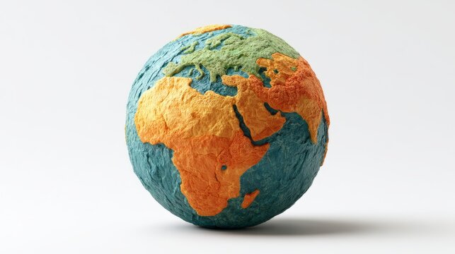 3d handmade clay earth globe icon isolated on white background, colorful ceramic planet model with artistic craft texture, minimal geographic world symbol, creative eco design, global education, carto