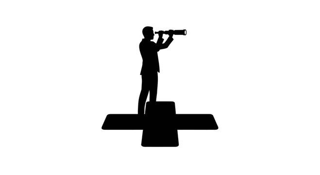 Businessman silhouette on cross platform using telescope for vision.