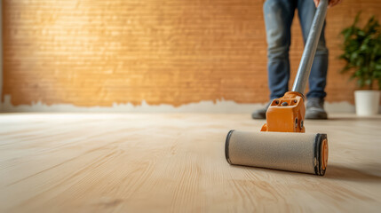 Fototapeta premium Person using paint roller on wooden floor in renovated room, showcasing fresh look