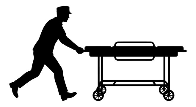 Male medical worker pushing empty hospital gurney silhouette.