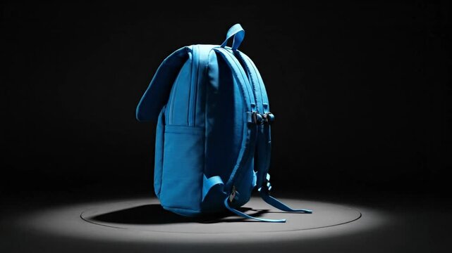 Rotating light blue backpack isolated on a dark background for product presentation and advertising