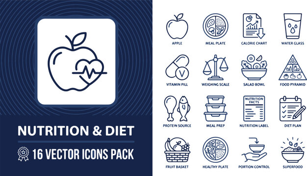 Set of Nutrition and Diet Line Icons Featuring Healthy Food, Meal Prep, and Calorie Control Symbols