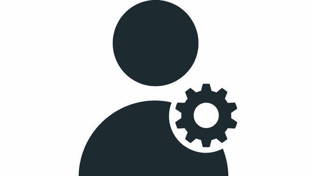 Minimalist user settings icon, black profile avatar with gear symbol, account management vector