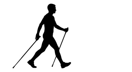 Naklejka premium Silhouette of man nordic walking with hiking poles.