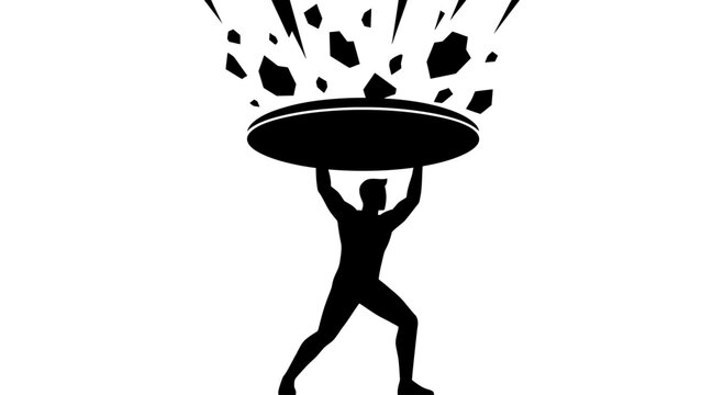 Strong man lifting heavy stone overhead silhouette