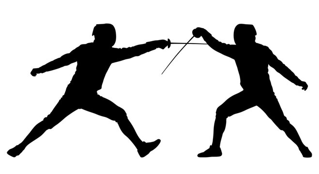 Two fencers in competitive duel silhouette.