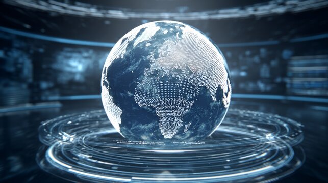 Global earth rotating in digital news studio backdrop with futuristic broadcast set, world headlines, breaking news concept, international media, global communication, modern television background wit