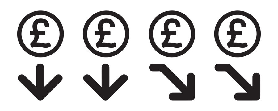 Pound sterling decrease icon. great british pound fall down or reduce. money loss flat vector icon.