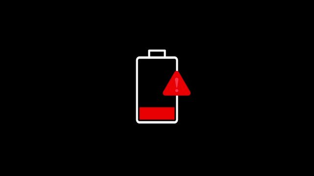 Warning alert notification icon on smartphone low battery animation isolated on black background