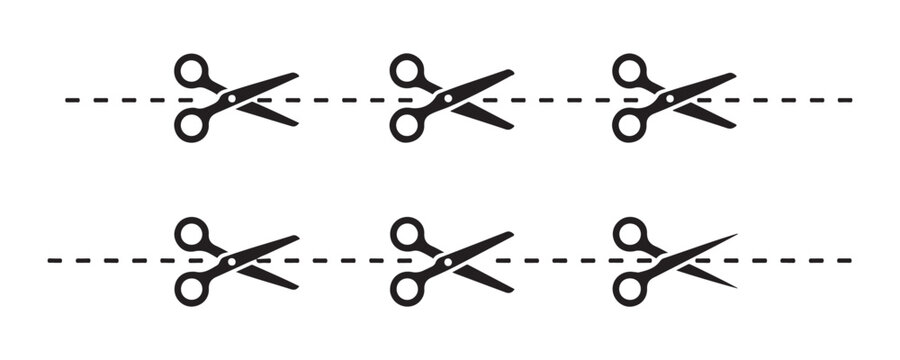 Set of six scissor icons with dotted line, coupon cutting and tailor shears, vector illustration.