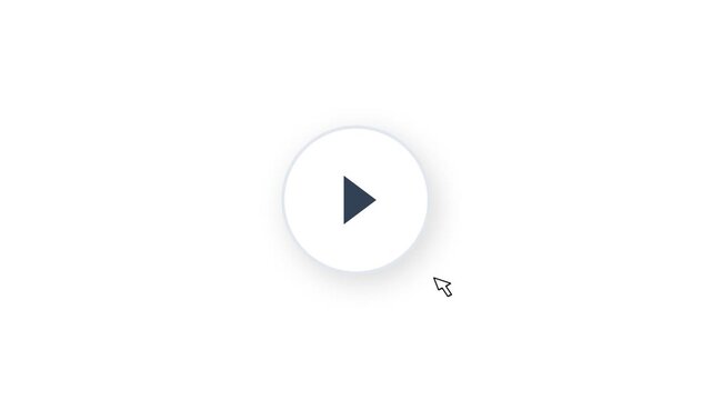 Play button icon centered within a soft white circle featuring a computer mouse cursor arrow for digital video animation footage